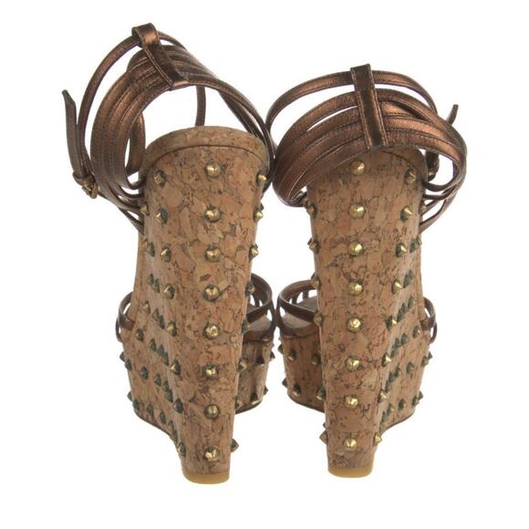 AUTH Gucci Metallic Brown Leather Studded Cork Platform Wedge Sandals Sz EU 40 - Picture 4 of 6